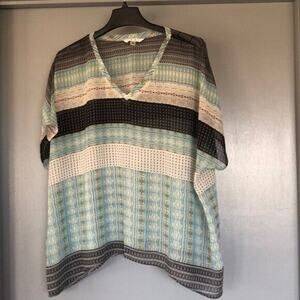 Cabi Chiffon Sheer Floral Striped V-neck Cap Sleeve Tunic Top Blouse Large